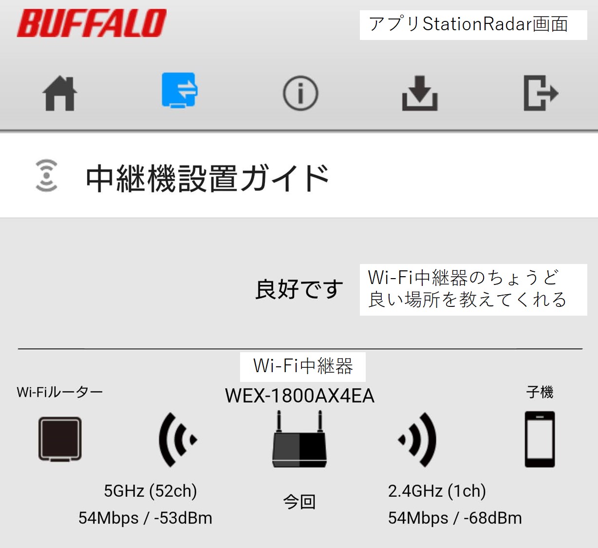 Wi-Fi中継器 WEX1800AX4EA　アプリ画面